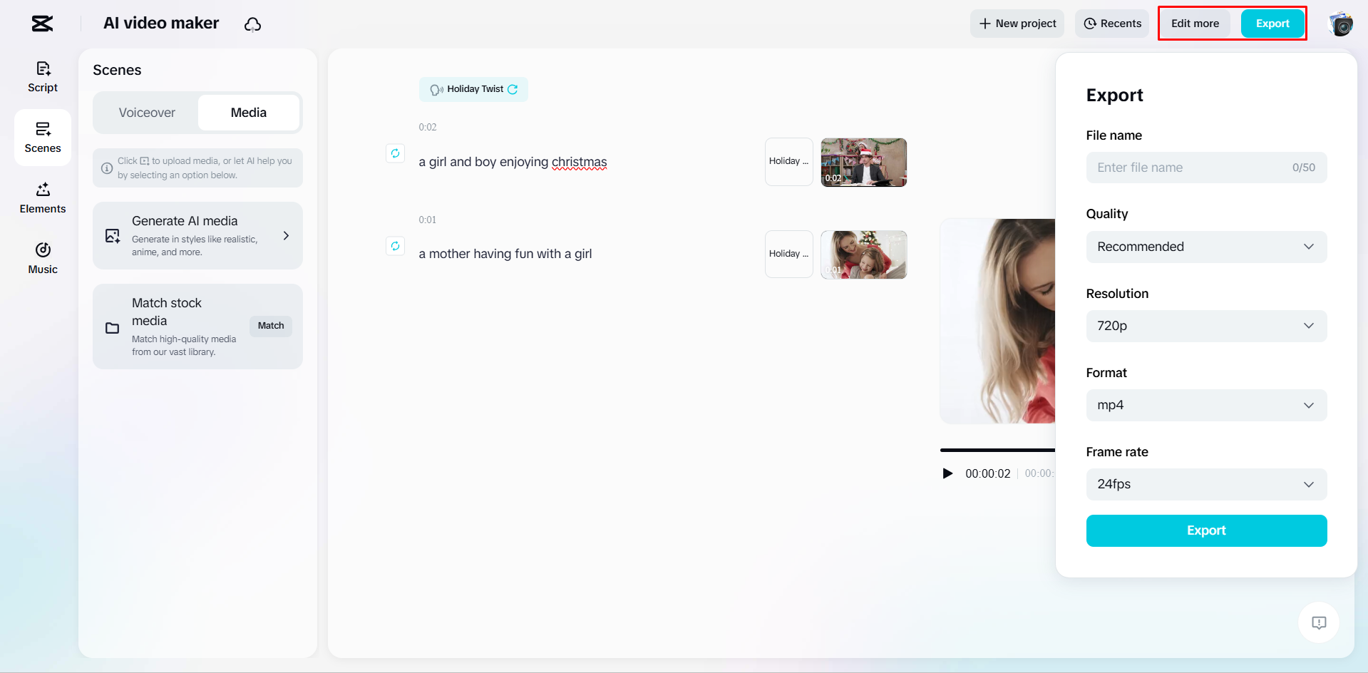 การส่งออกวิดีโอจากผู้สร้างวิดีโอ AI ของCapCut