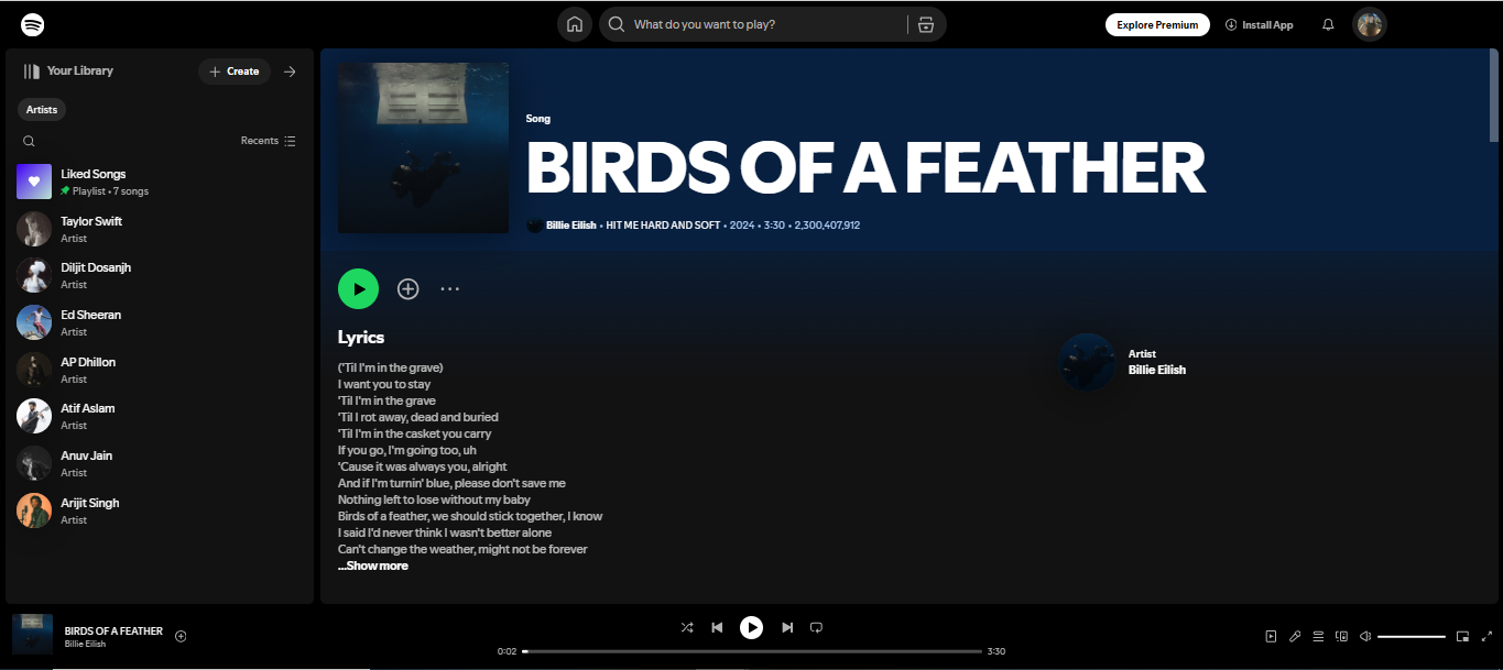 Birds of a Feather - trending song from top 200 artists on Spotify