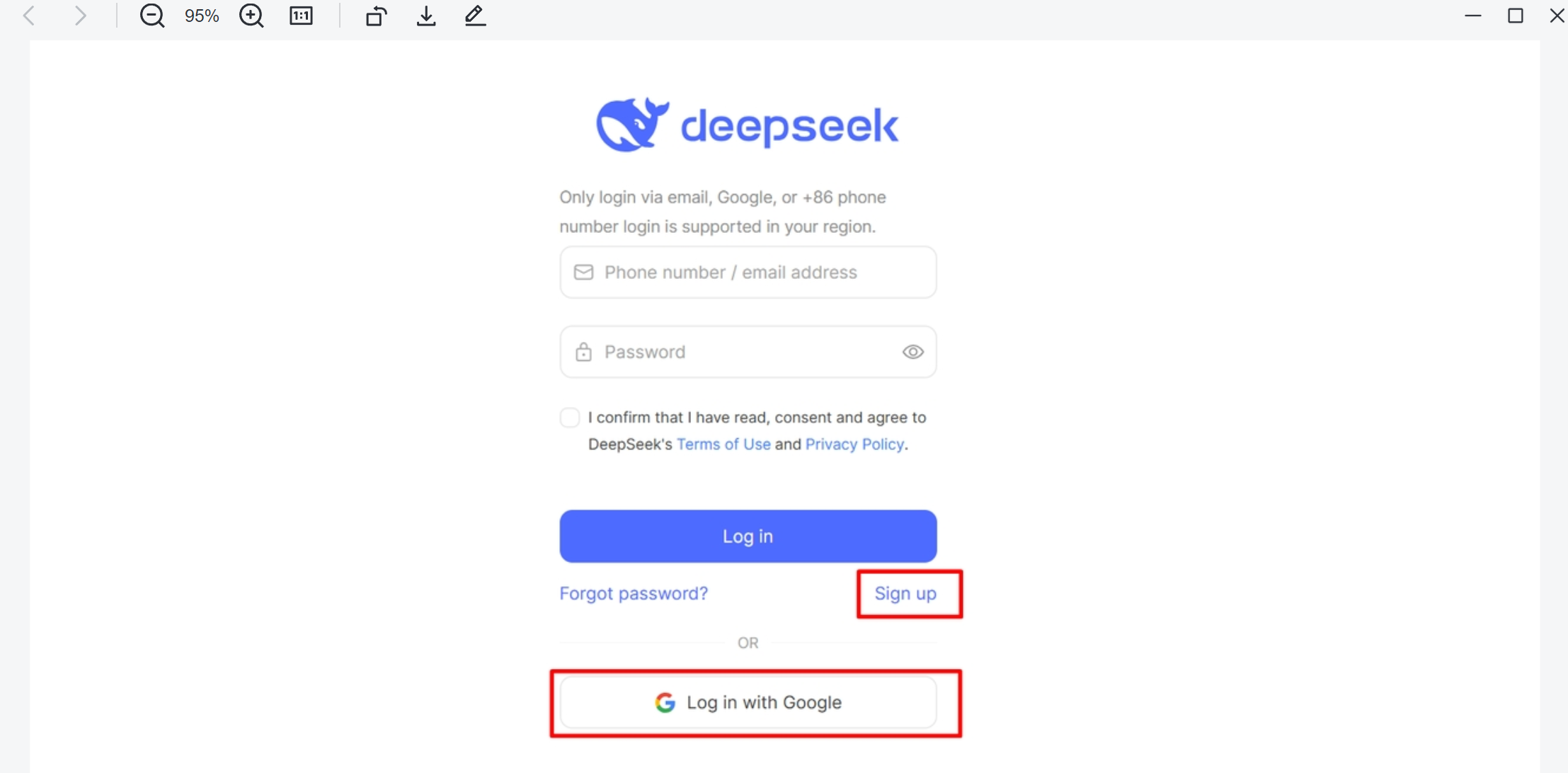 Choosing a sign in method to register on DeepSeek