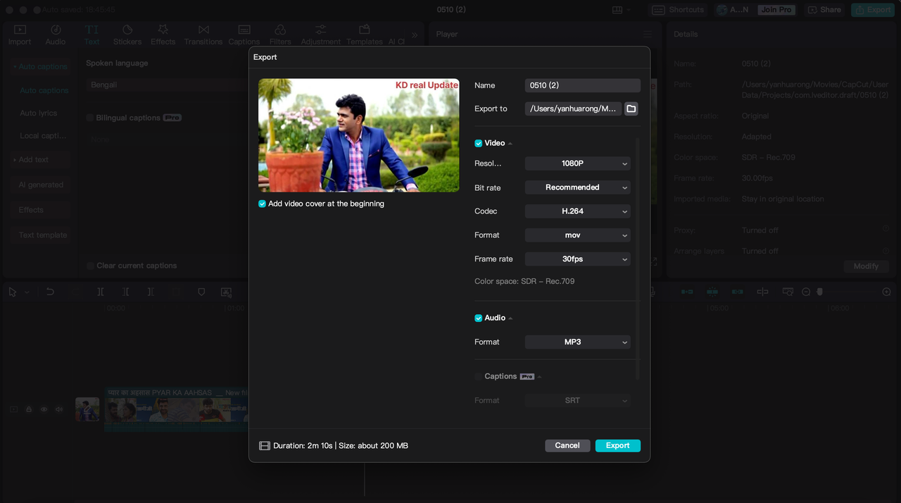 Exporting video after English to Malayalam subtitle translation