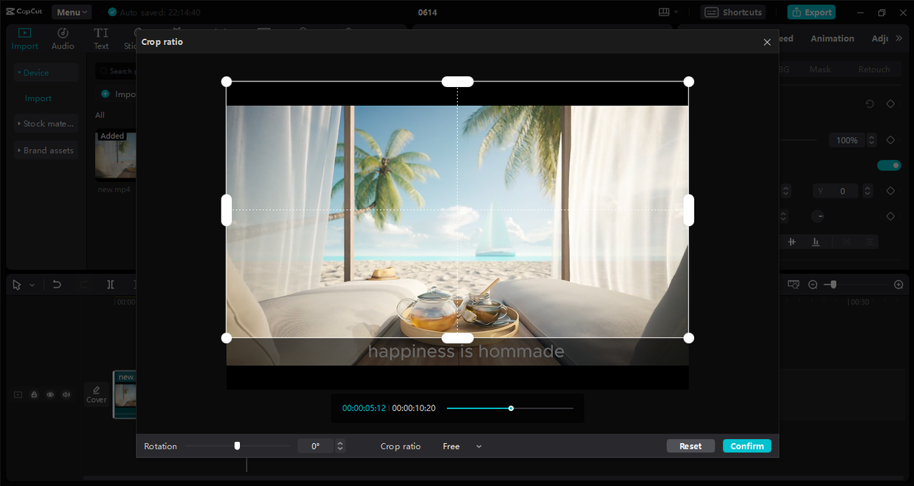 Using the crop tool to remove the subtitles from a video in the Capcut desktop video editor