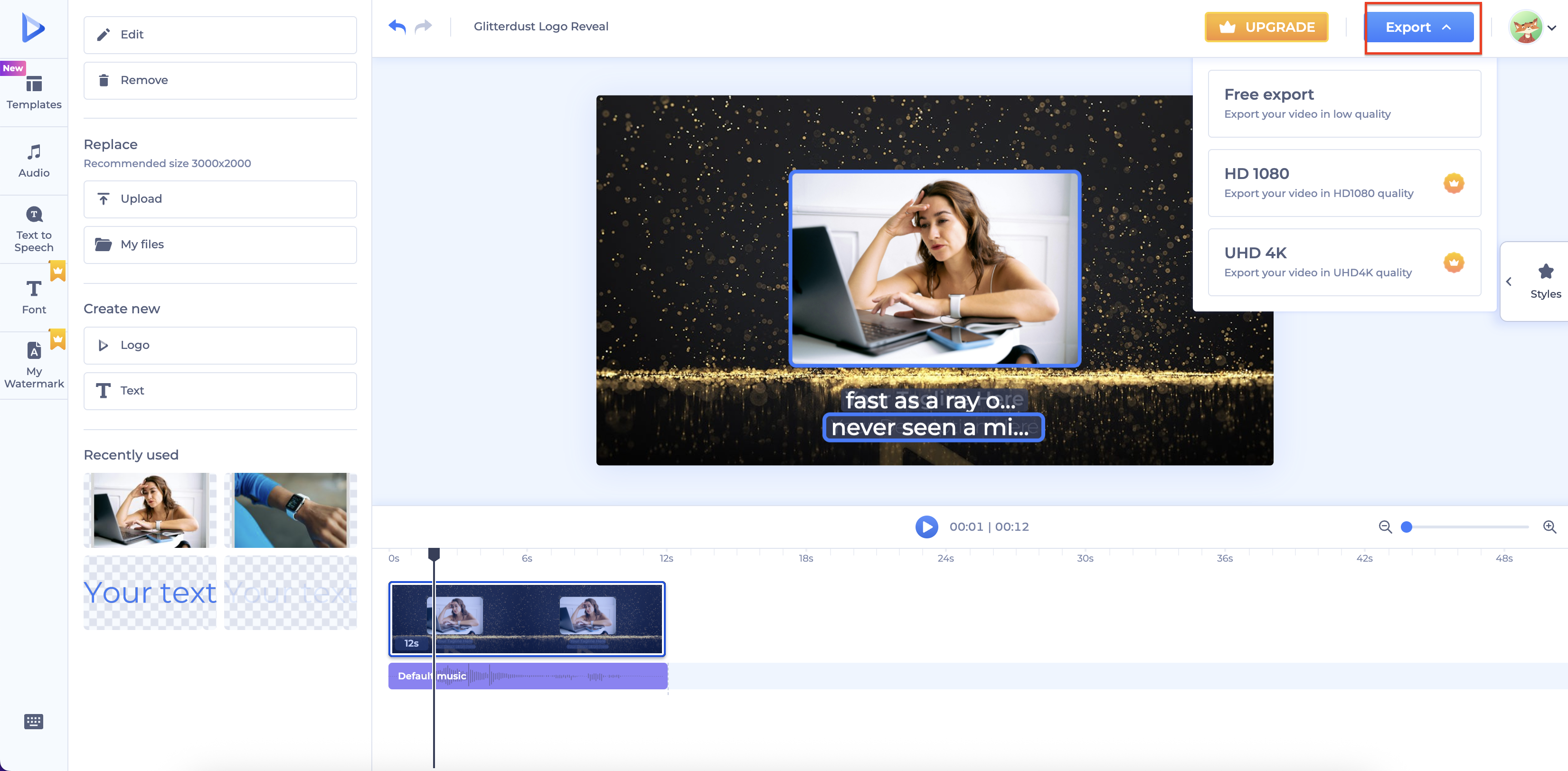 Renderforest export screen with preview and resolution options