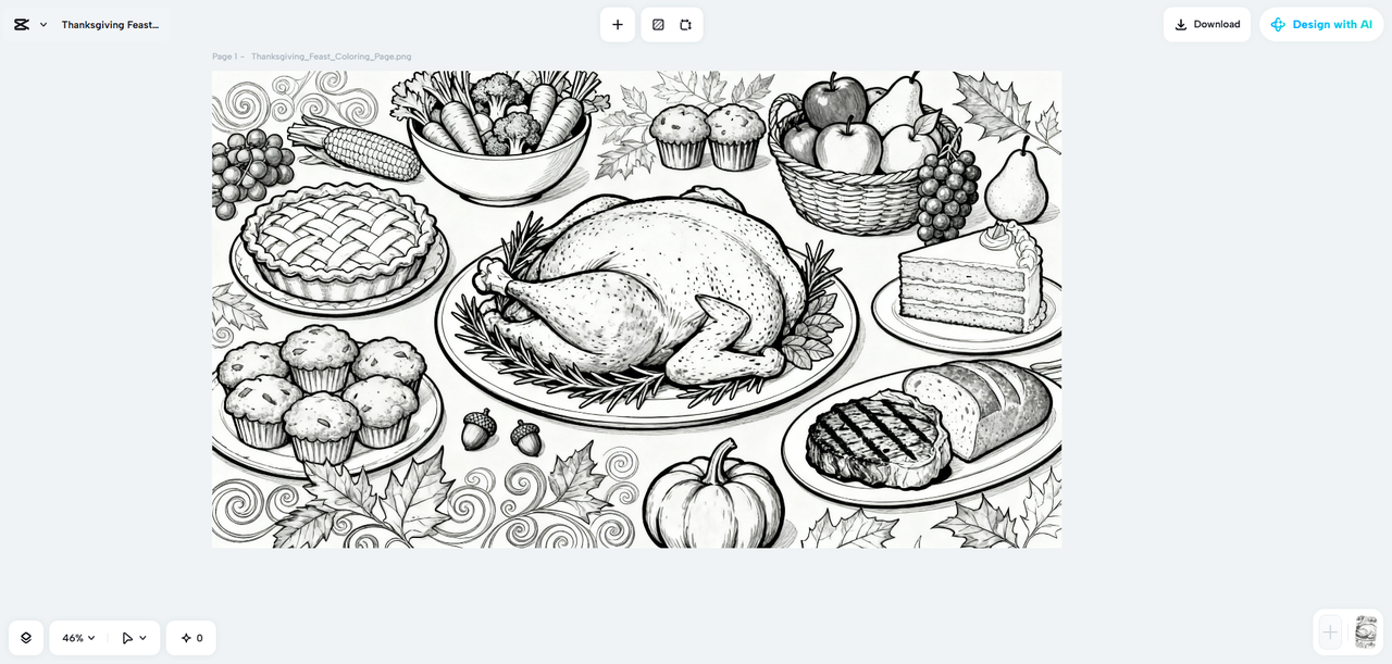CapCut Web's AI design creating a Thanksgiving coloring page