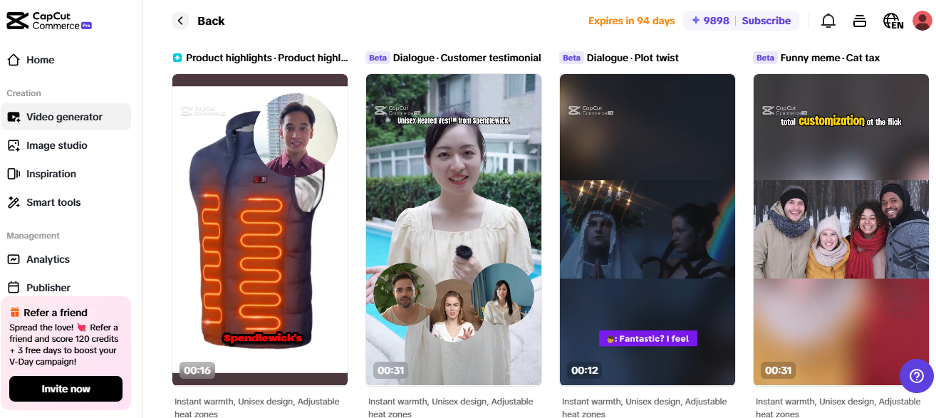 Pippit video generator displaying heated vest deals, tailored for dropshipping website content.