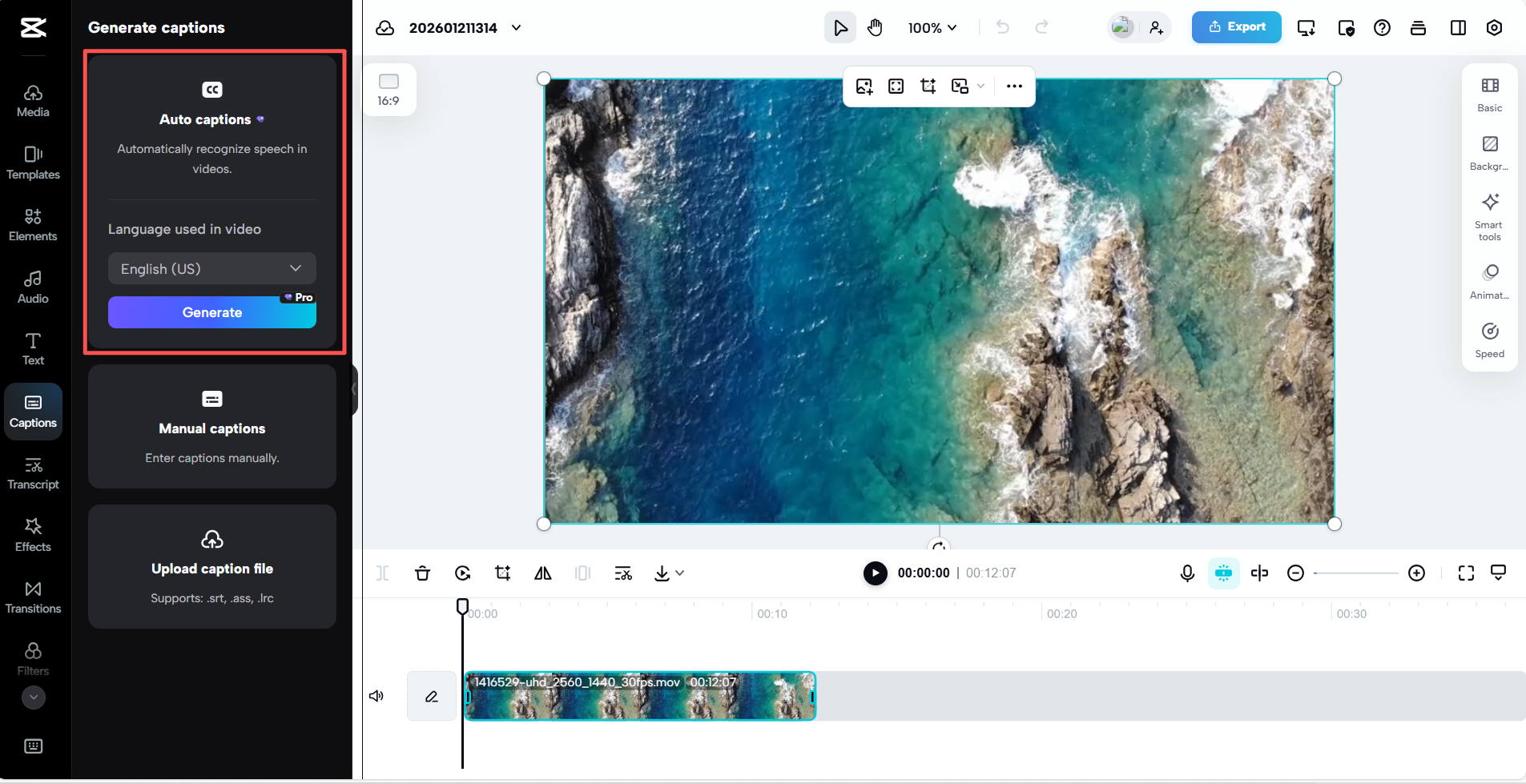 Toque em "Legendas automáticas" na barra de ferramentas esquerda em CapCut Web