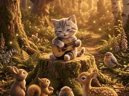 Kitten plays a small guitar in a glowing forest while rabbits, birds, and a fawn listen