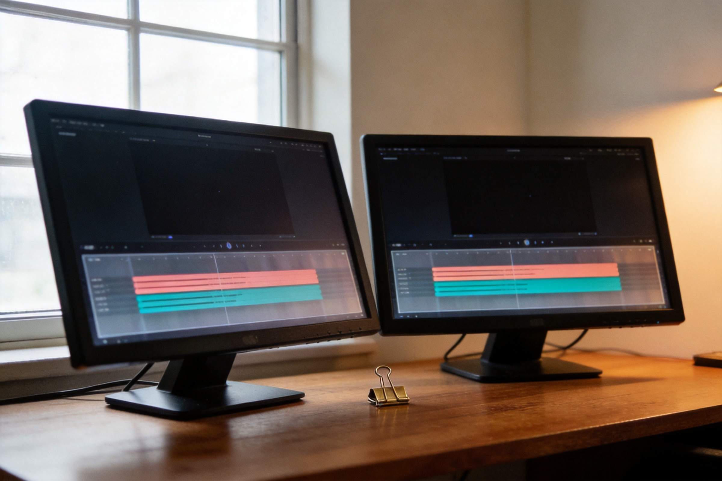 Two monitors on a desk displaying a video editing timeline with colored subtitle tracks