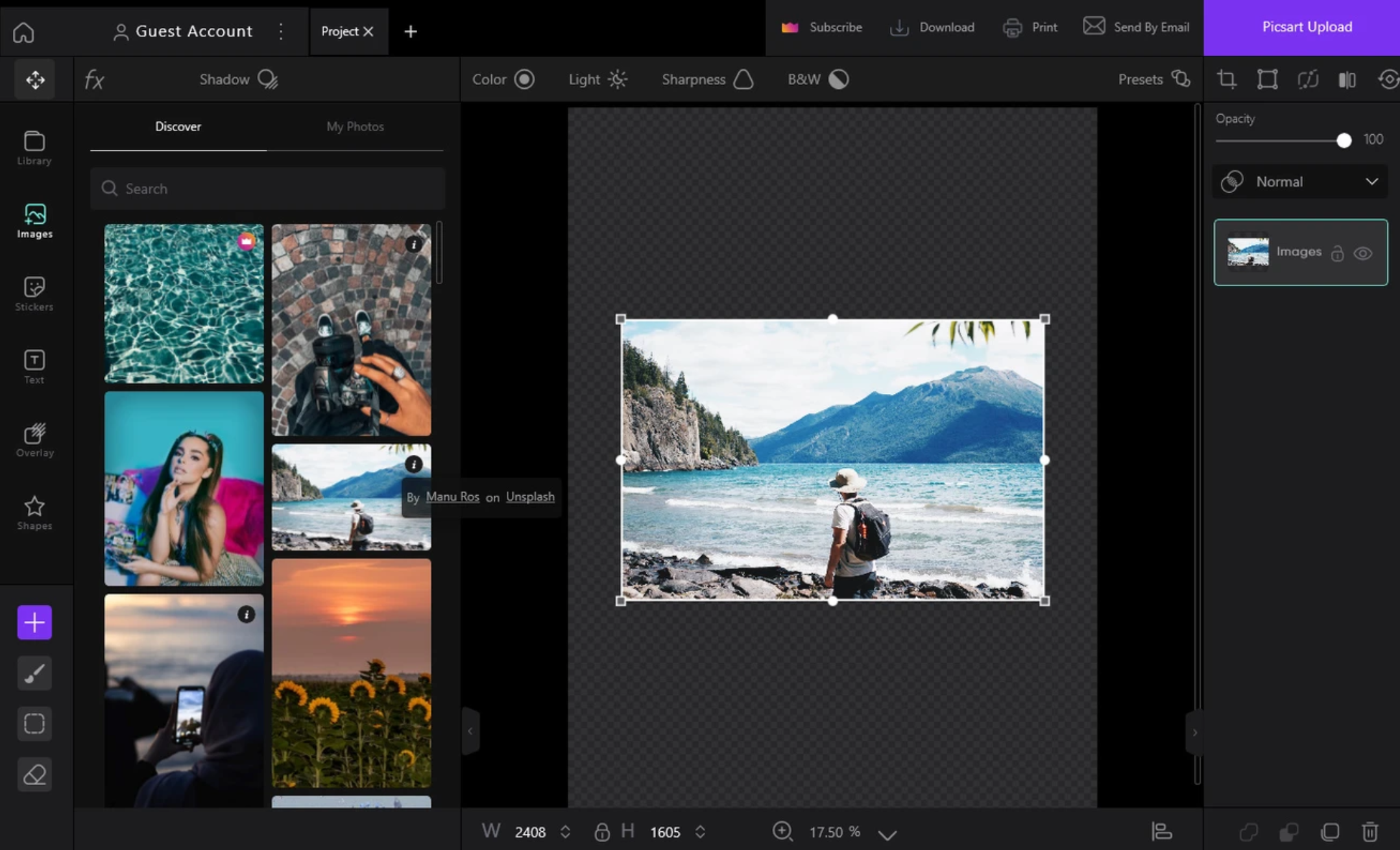 Interface of Picsart - a free photo editor to download for free