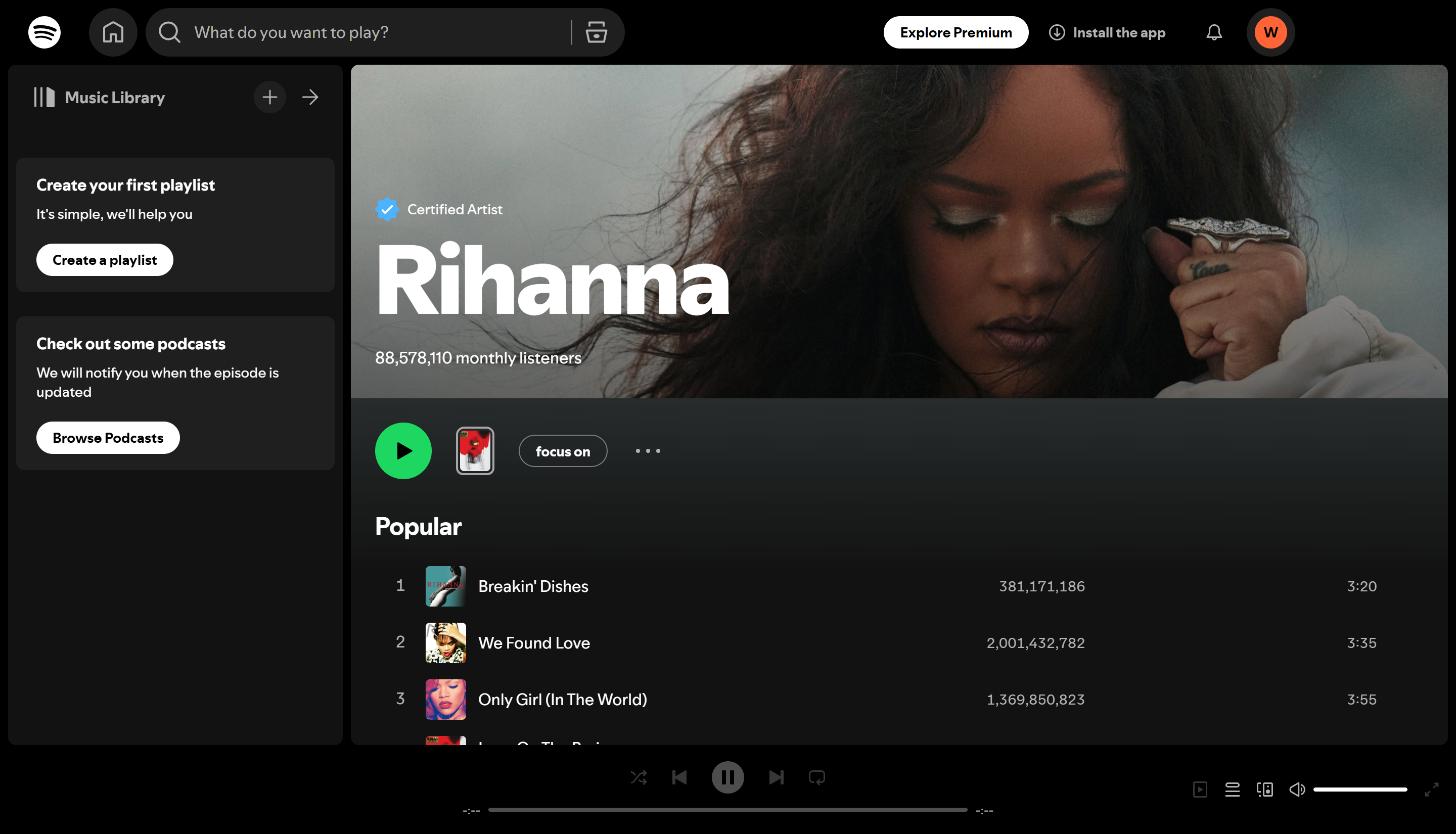 Rihana - the most streamed female artist on Spotify