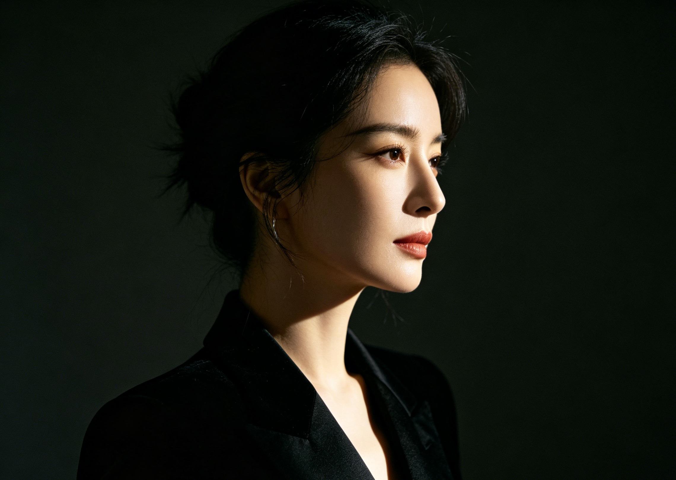 Generate a formal headshot with a black outfit and dark background