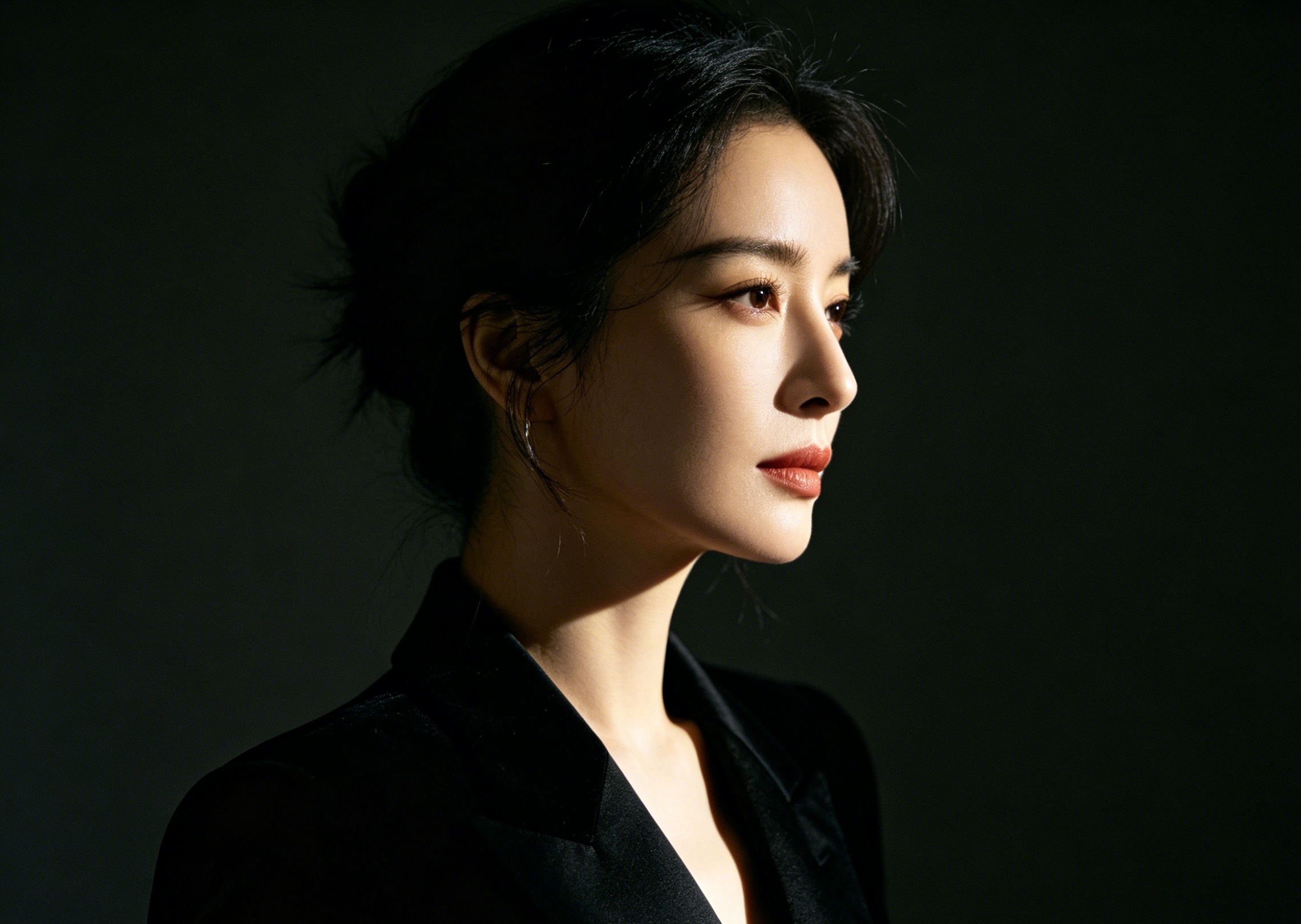 Generate a formal headshot with a black outfit and dark background