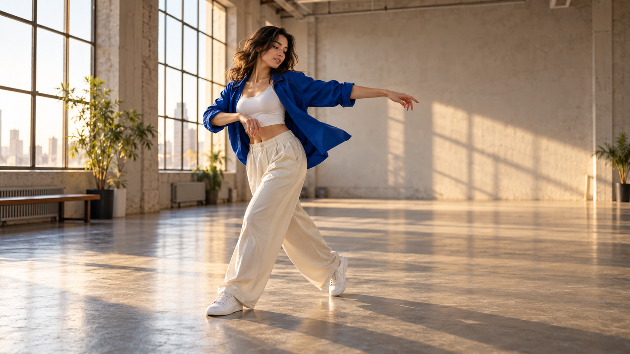 Illustrative Motion Transfer keyframe with an original adult dancer in a blue jacket