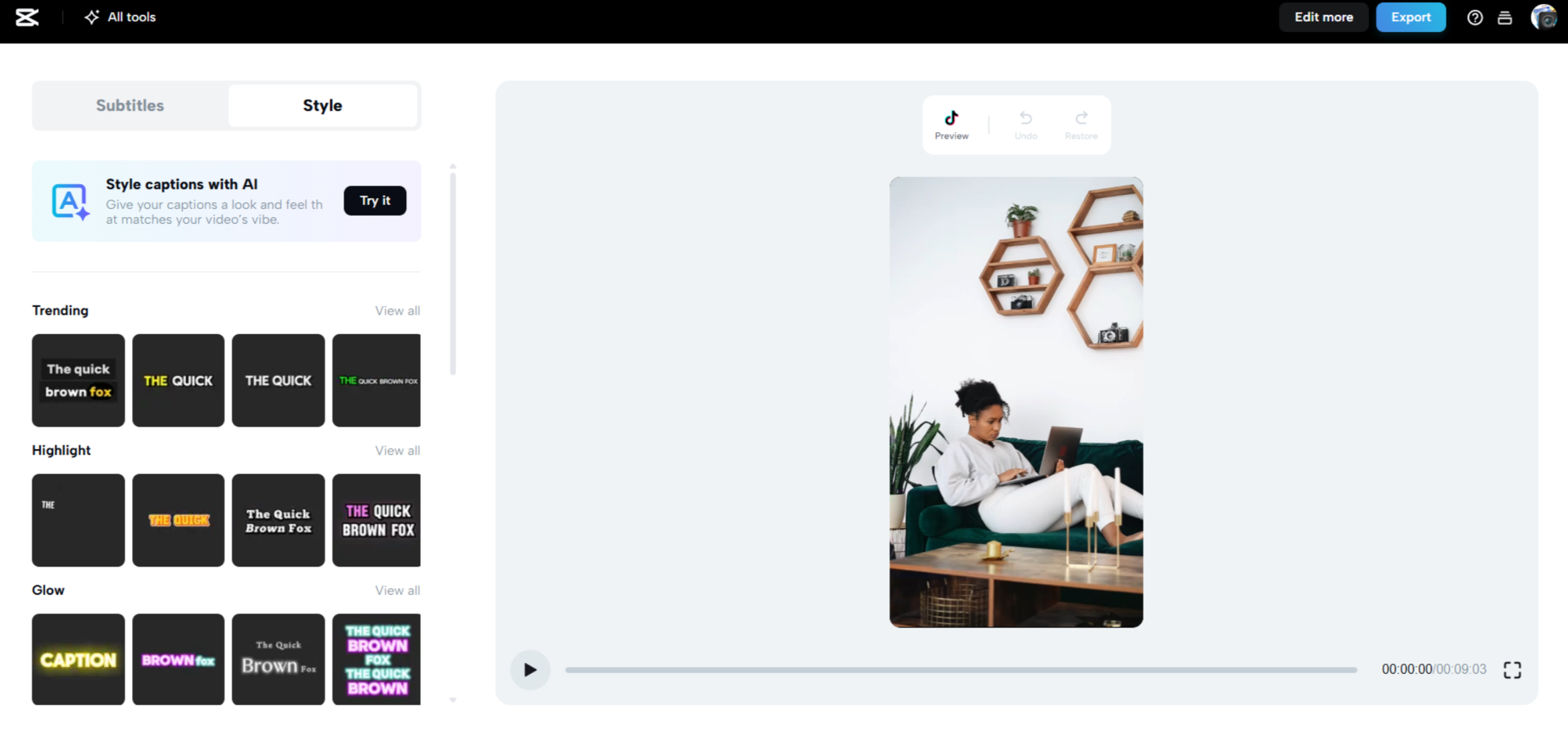 Interface of CapCut Web - a free tool for video transcription