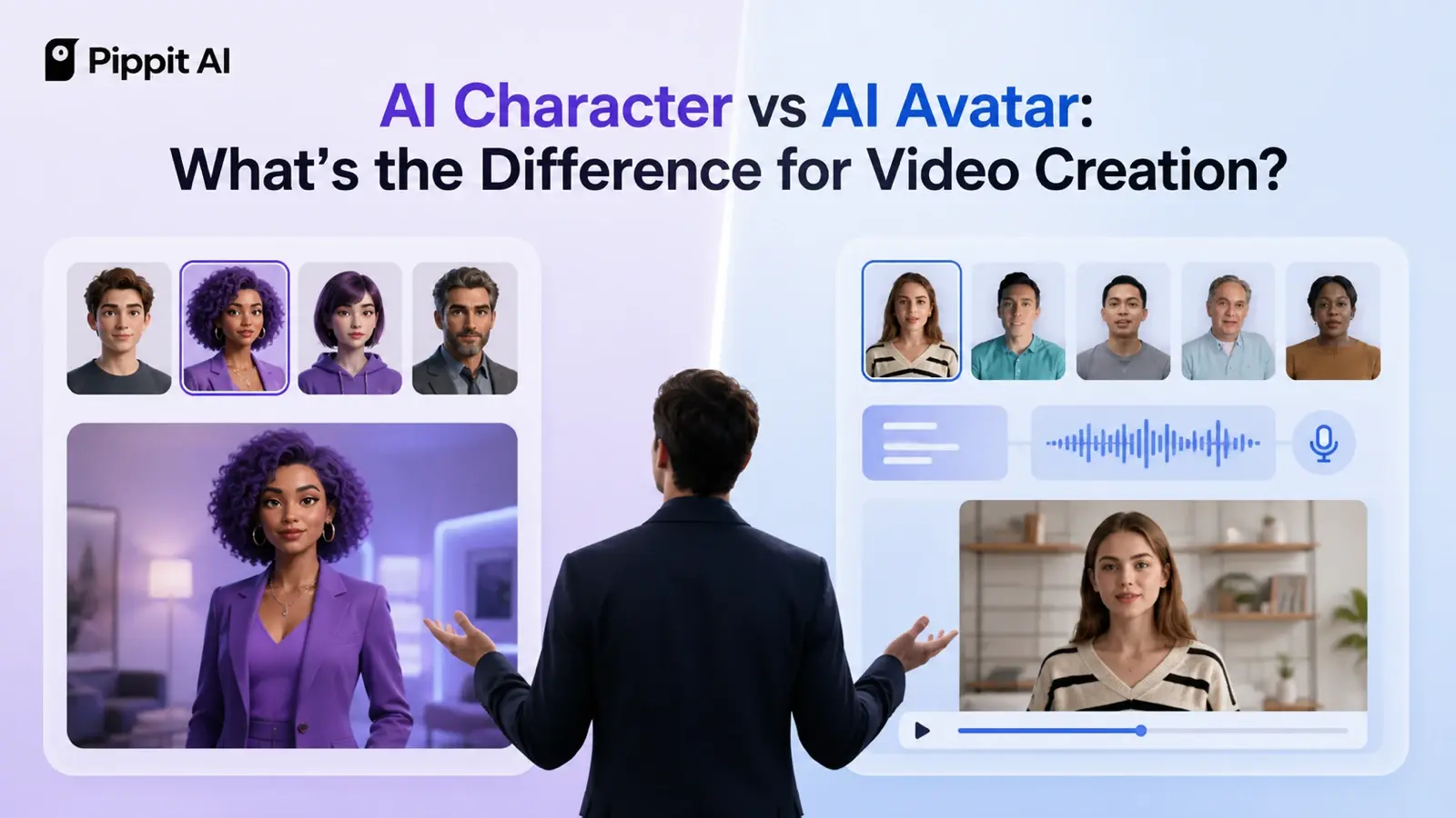 Ein Mann, der zwischen KI-Charakter- und KI-Avatar-Optionen in einer Videoproduktionsoberfläche wählt