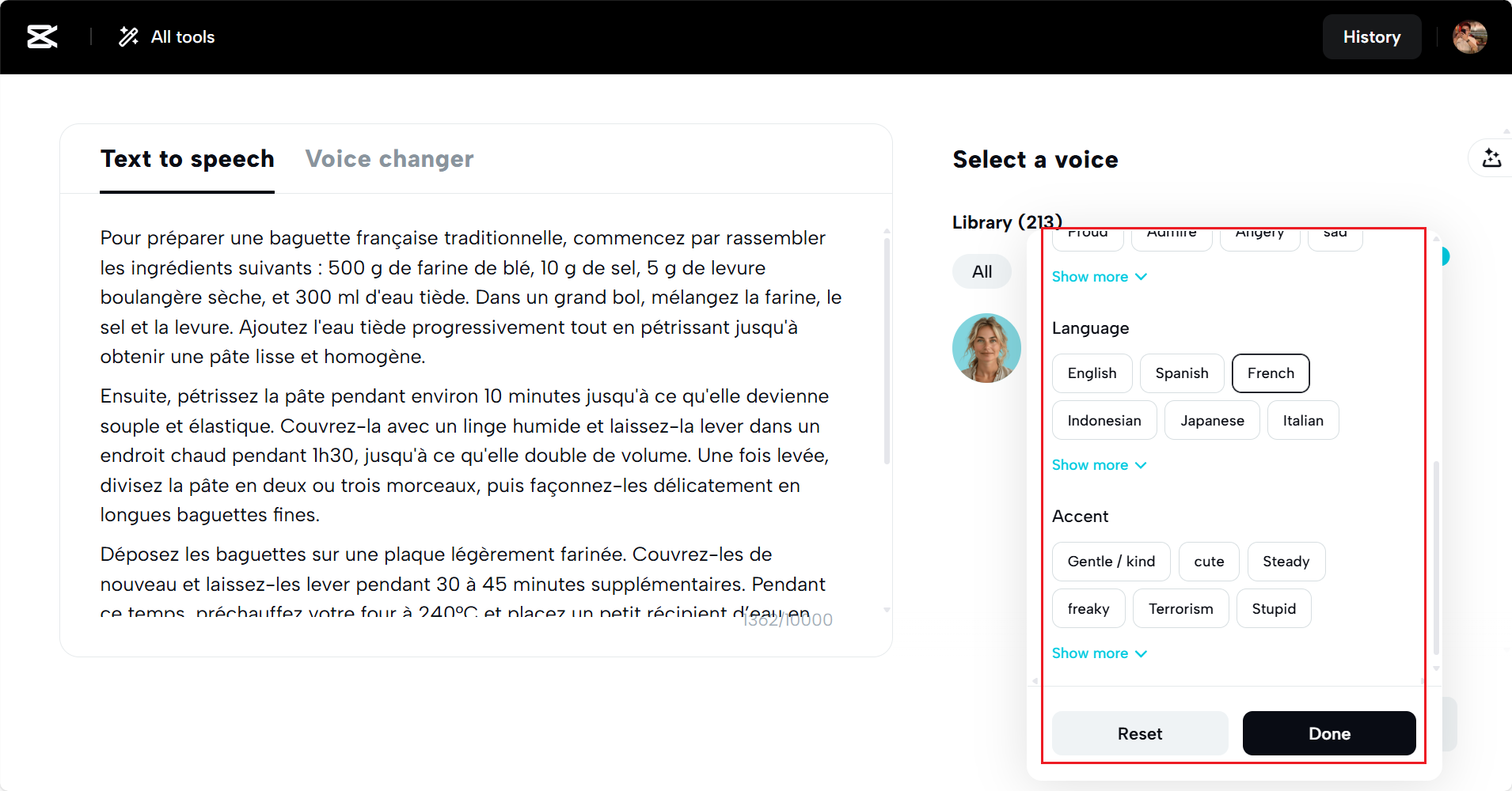 Sélectionnez votre option de voix.