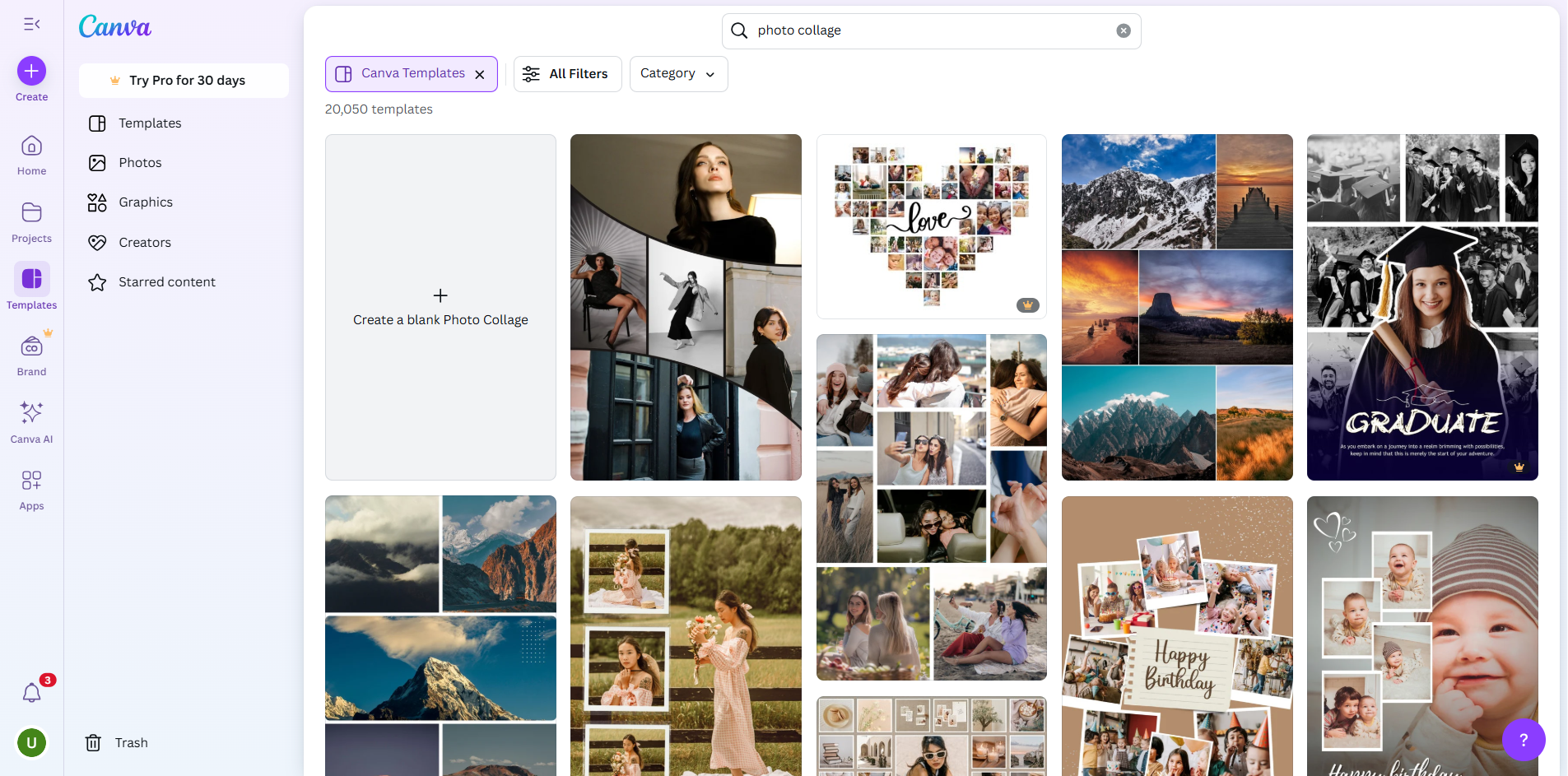 Buscando plantillas de collage de fotos en Canva
