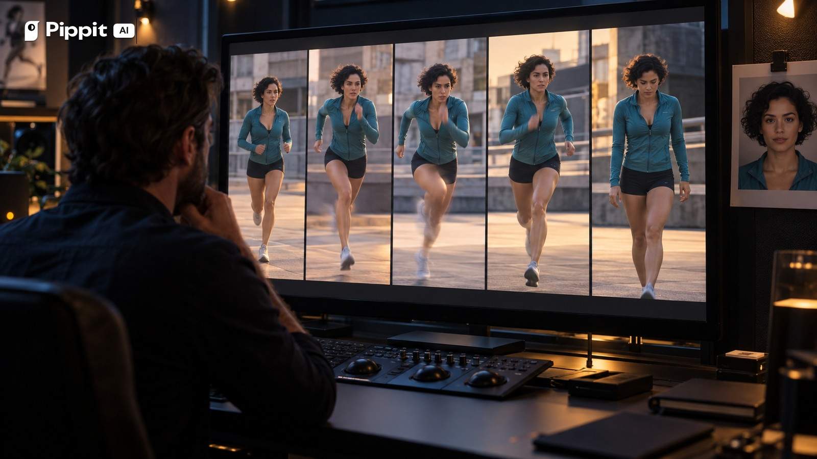 A director reviews five fast motion frames of the same adult runner beside a character portrait.