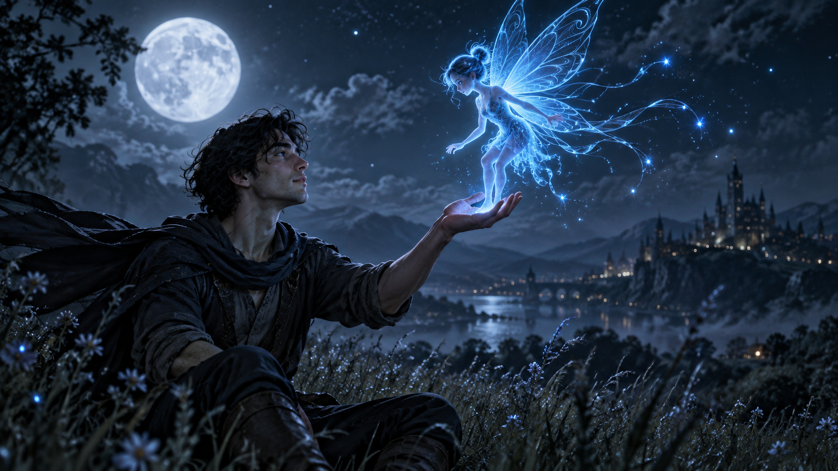 Fairy Lands en un ejemplo de campo a la luz de la luna para el mensaje de video Neon AI Pari