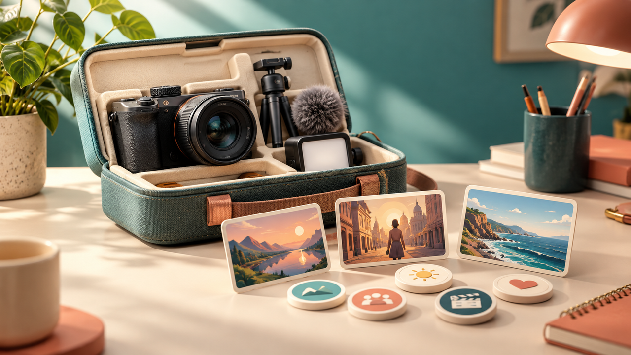 A camera and scene cards beside a small set of tokens