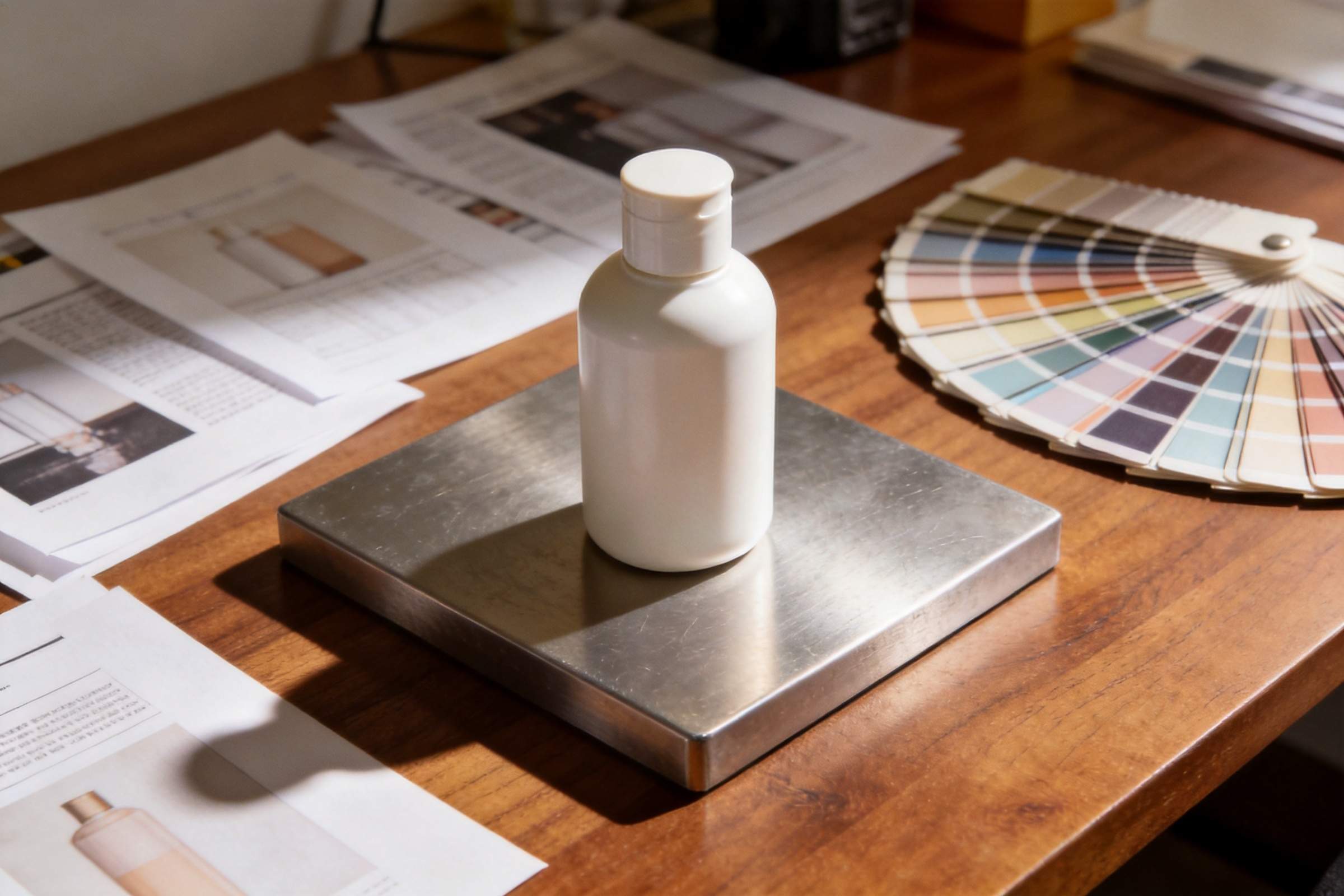 White product bottle on a metal platform with color swatches and design sketches on a wooden table