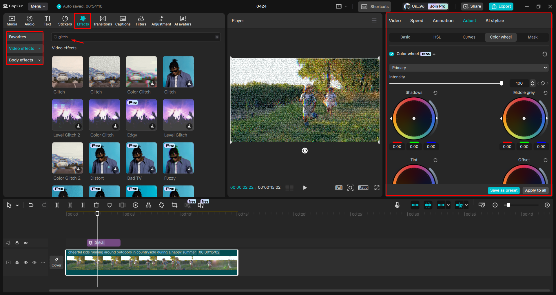 Applying a glitch effect to videos in the CapCut desktop video editor