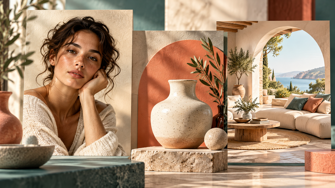 A portrait, ceramic product and sunlit interior in three frames