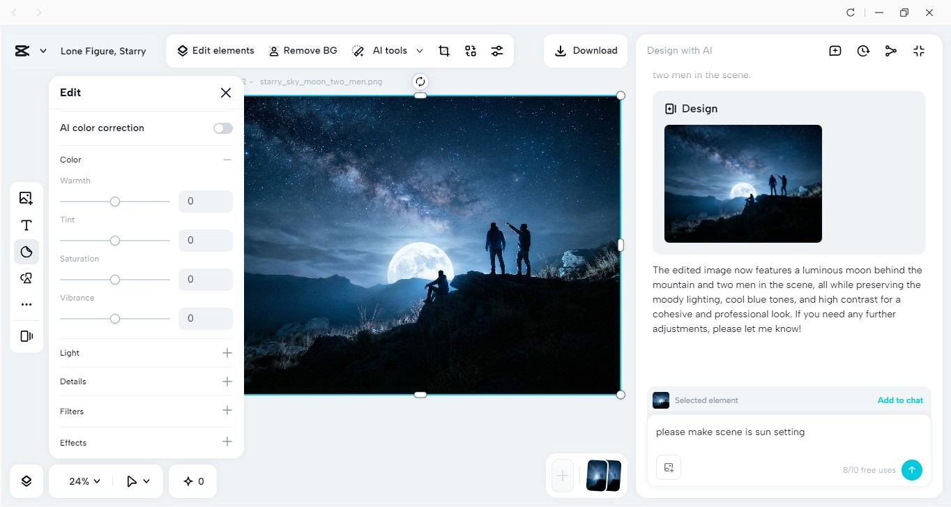 The interface of CapCut AI design allows you to generate and customize night photography