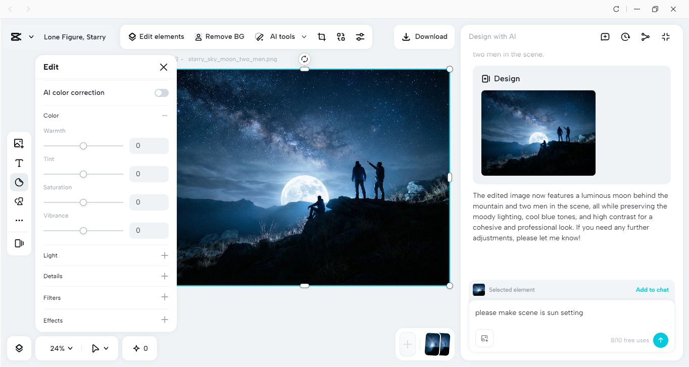 The interface of CapCut AI design allows you to generate and customize night photography