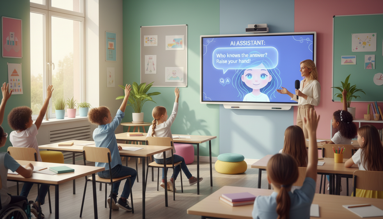 Siswa mengangkat tangan di kelas sementara gelembung petunjuk avatar AI membimbing tanya jawab di layar, gaya akademik yang inklusif.