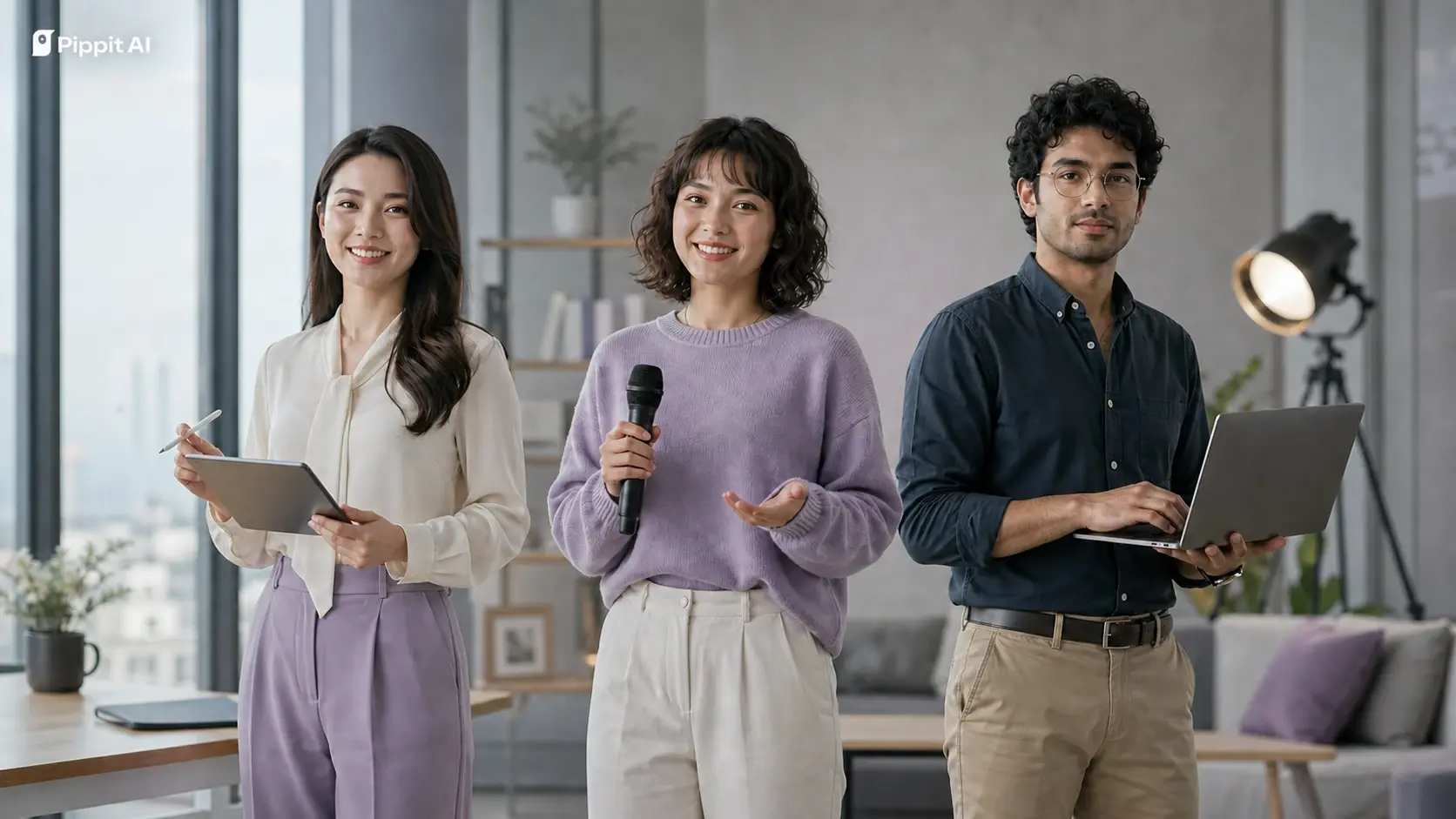 Three presenters stand in a studio, holding a tablet, microphone, and laptop.