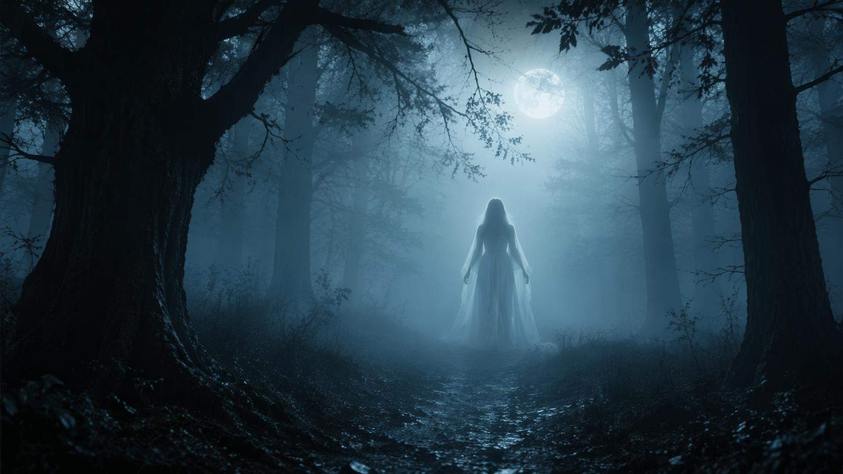Dreamina horror girl prompts prompt example 3: Foggy forest apparition