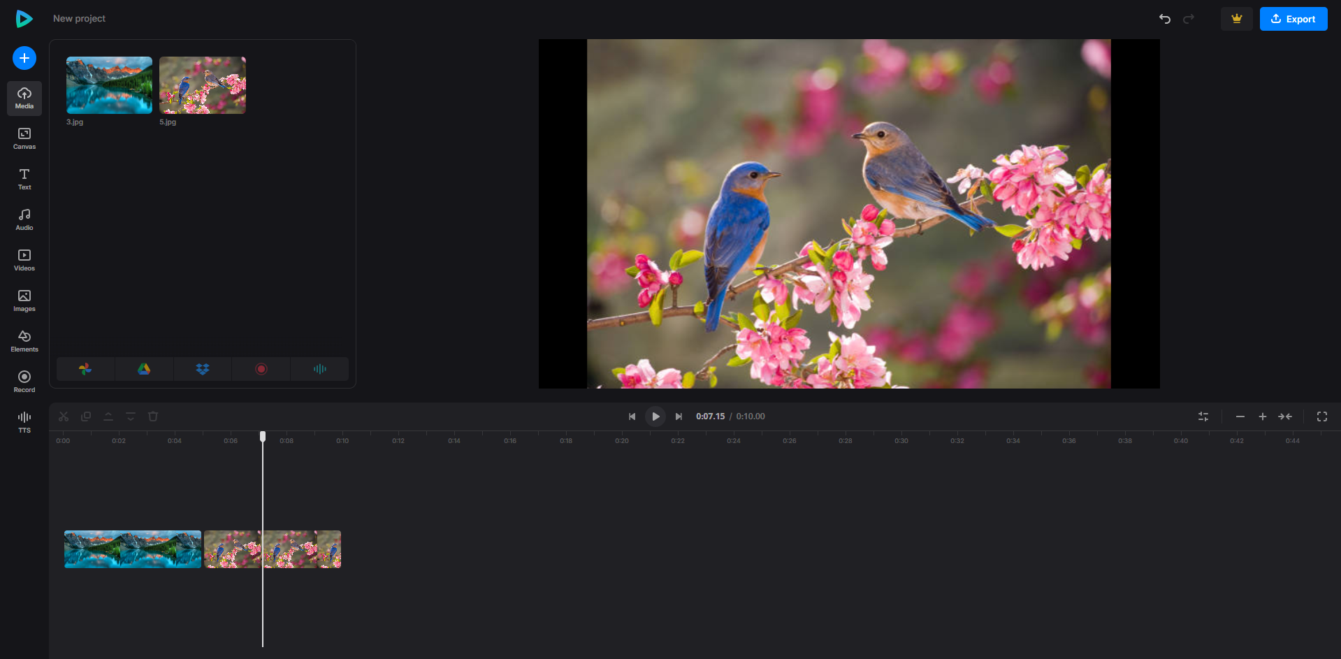 Interface of Clideo - a quick way to convert image sequence to a video