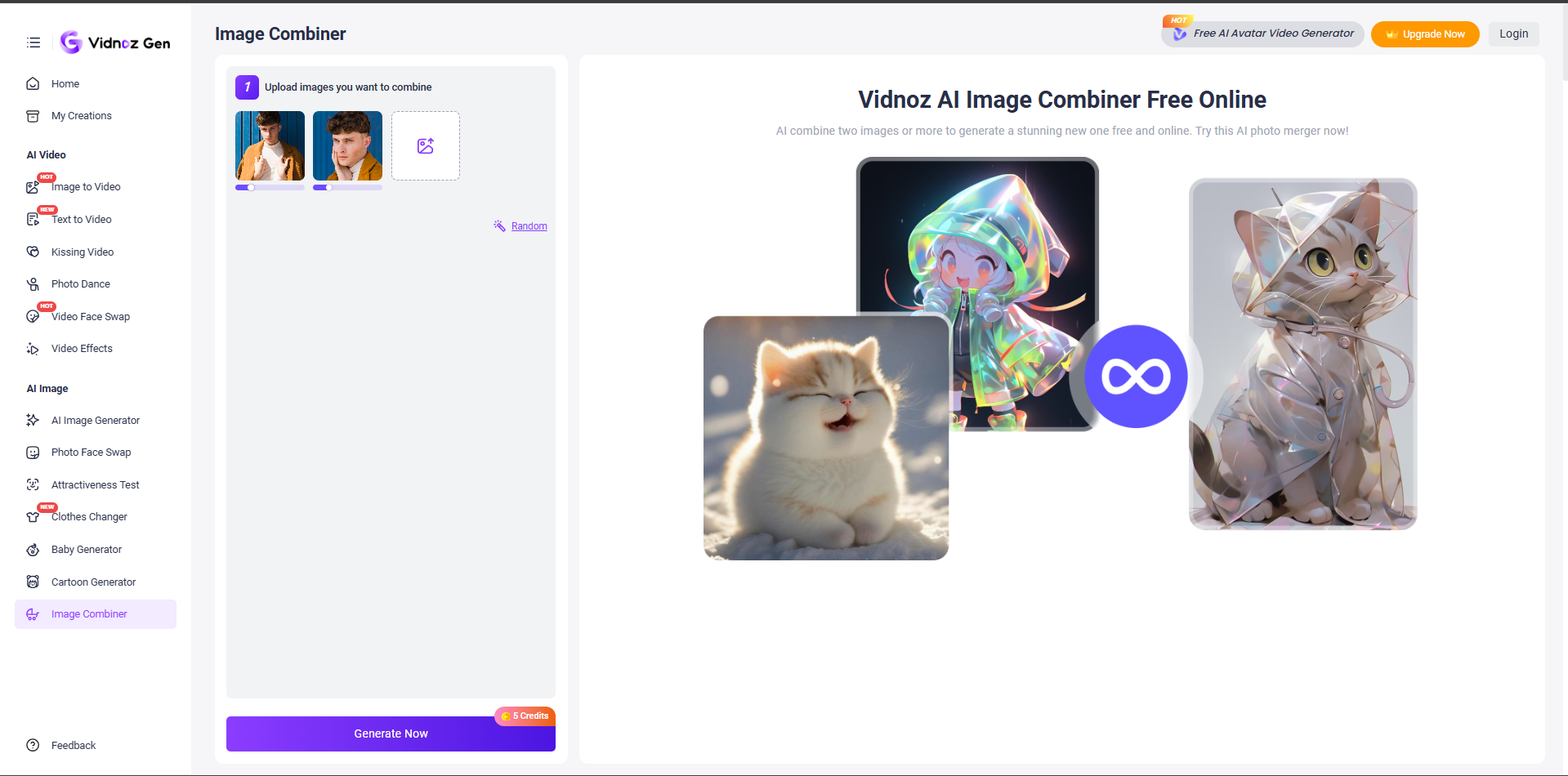 Interface of Vidnoz AI - an AI tool to quickly merge 2 photos with AI