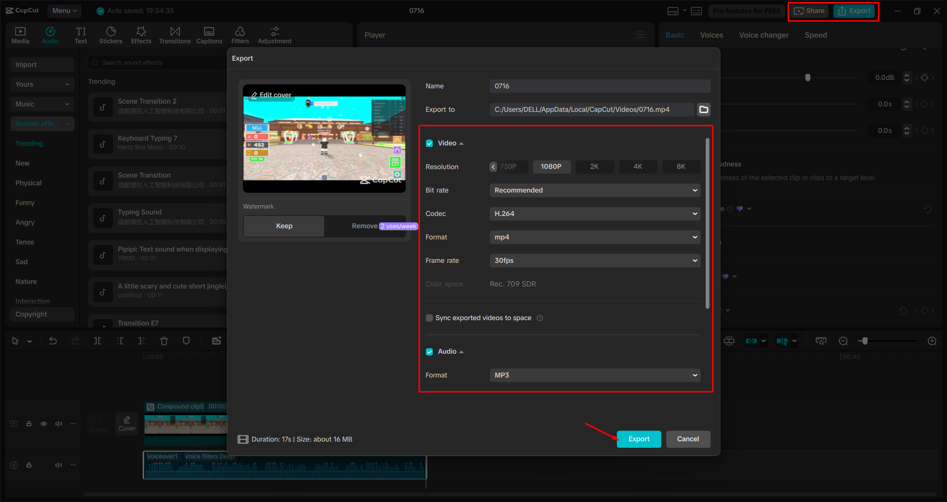 Exporting a video from the CapCut desktop video editor