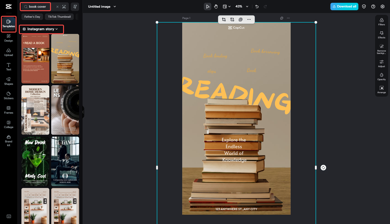 Choosing a book cover template in CapCut