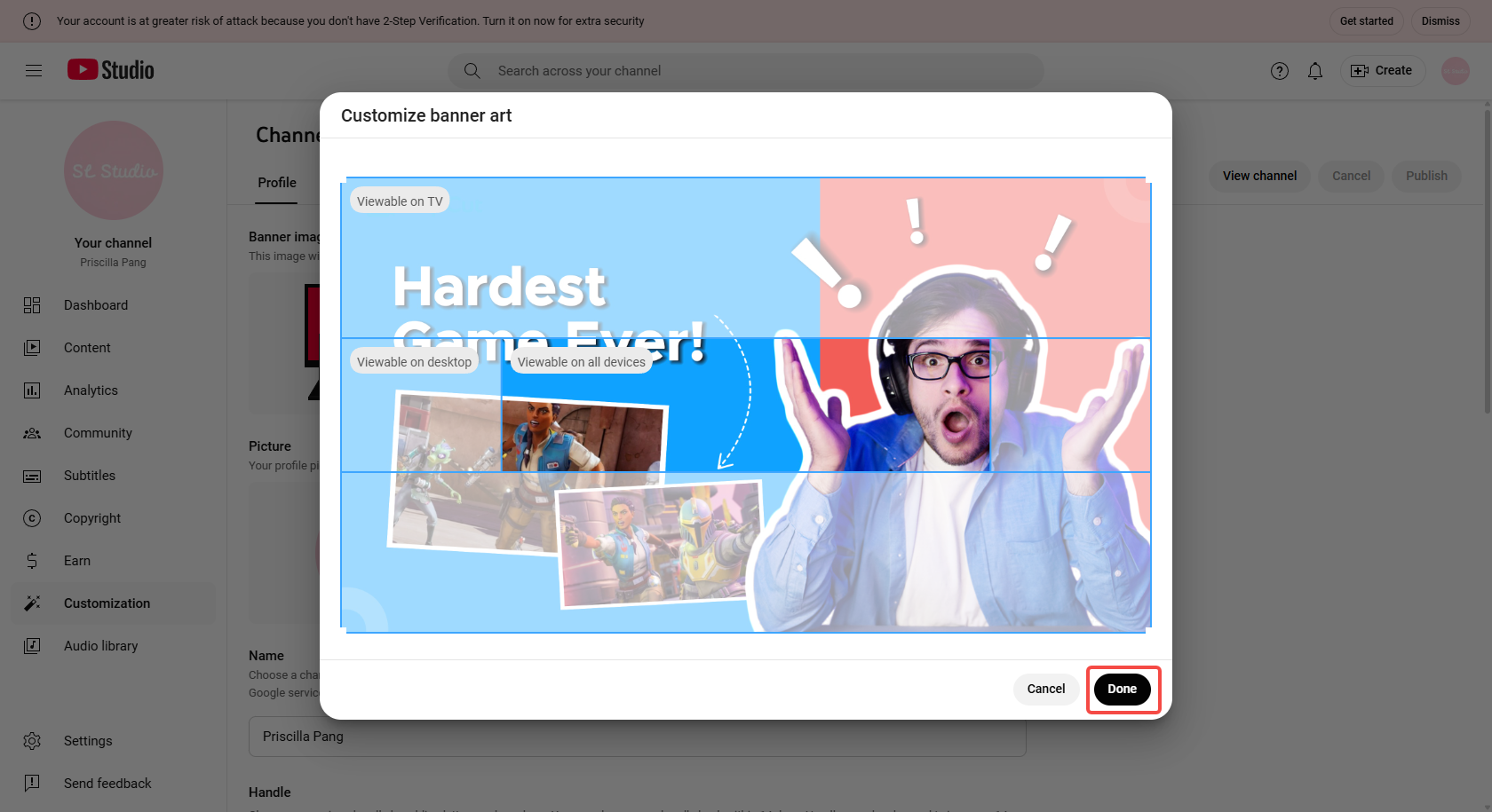 Adjust/preview and publish the banner