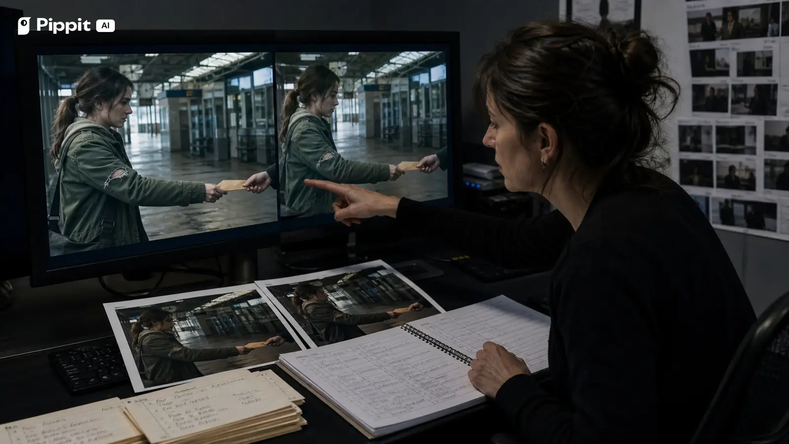An editor compares adjacent scene frames to verify a visible object and wardrobe handoff.