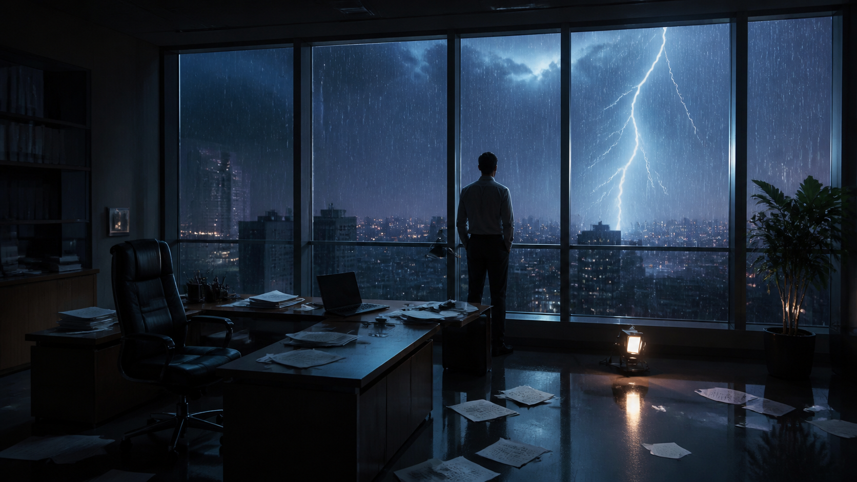ตัวอย่างพร้อมท์วิดีโอ AI ของสำนักงานภัยพิบัติ 3 - ภาพสร้างกว้างของสำนักงานภัยพิบัติ