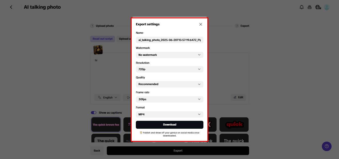 Exporting talking head from Pippit