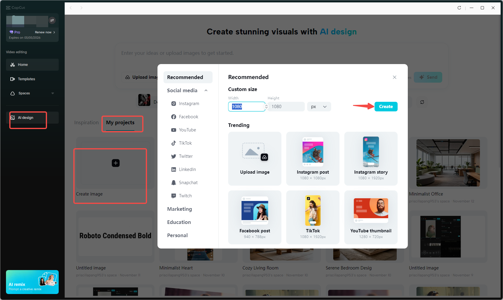 Accessing the AI design feature in CapCut