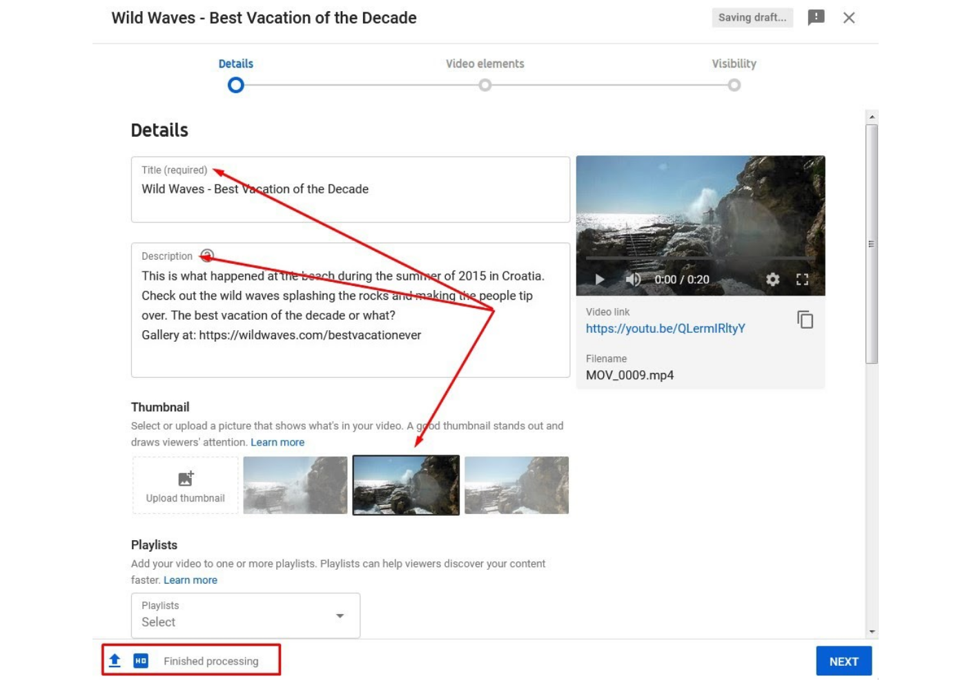 การอัพโหลดวิดีโอบล็อกที่เสร็จสมบูรณ์ลงบน YouTube พร้อมภาพขนาดย่อที่ดึงดูดใจ