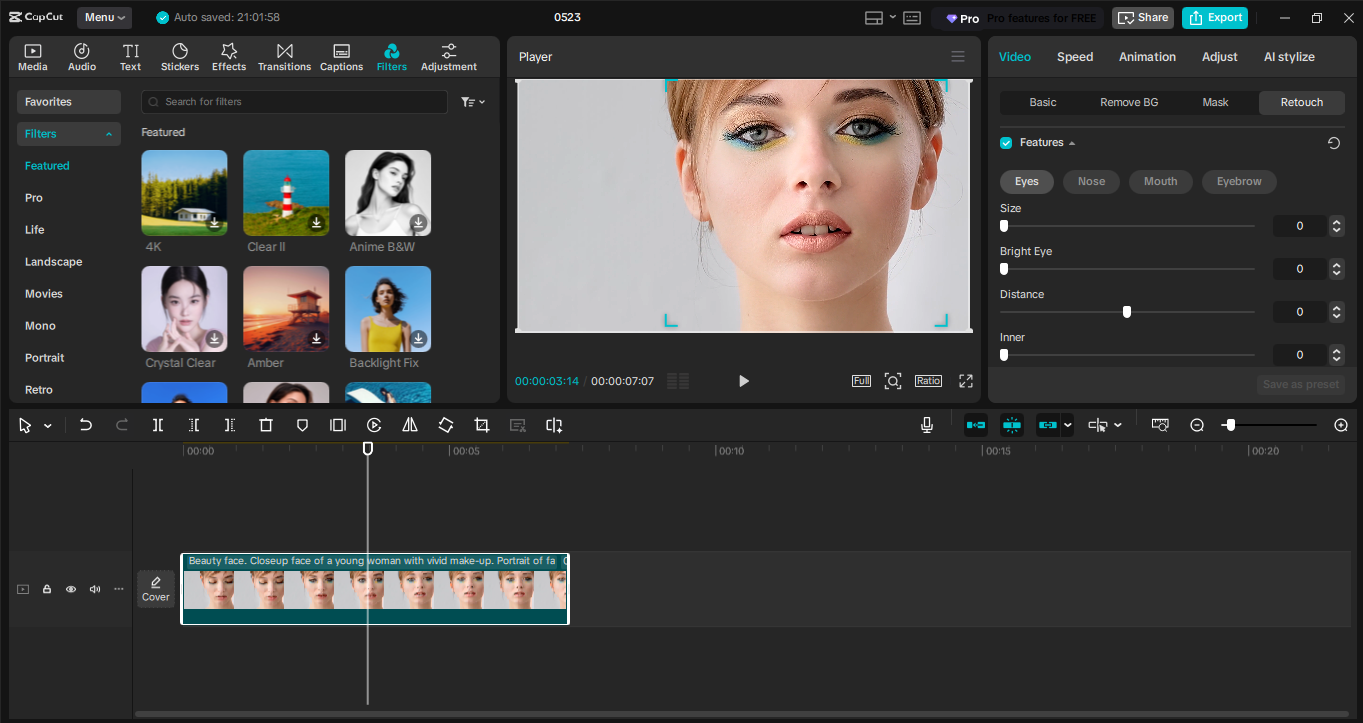 Editing interface of the CapCut desktop video editor - a perfect photo editor with eye color changer