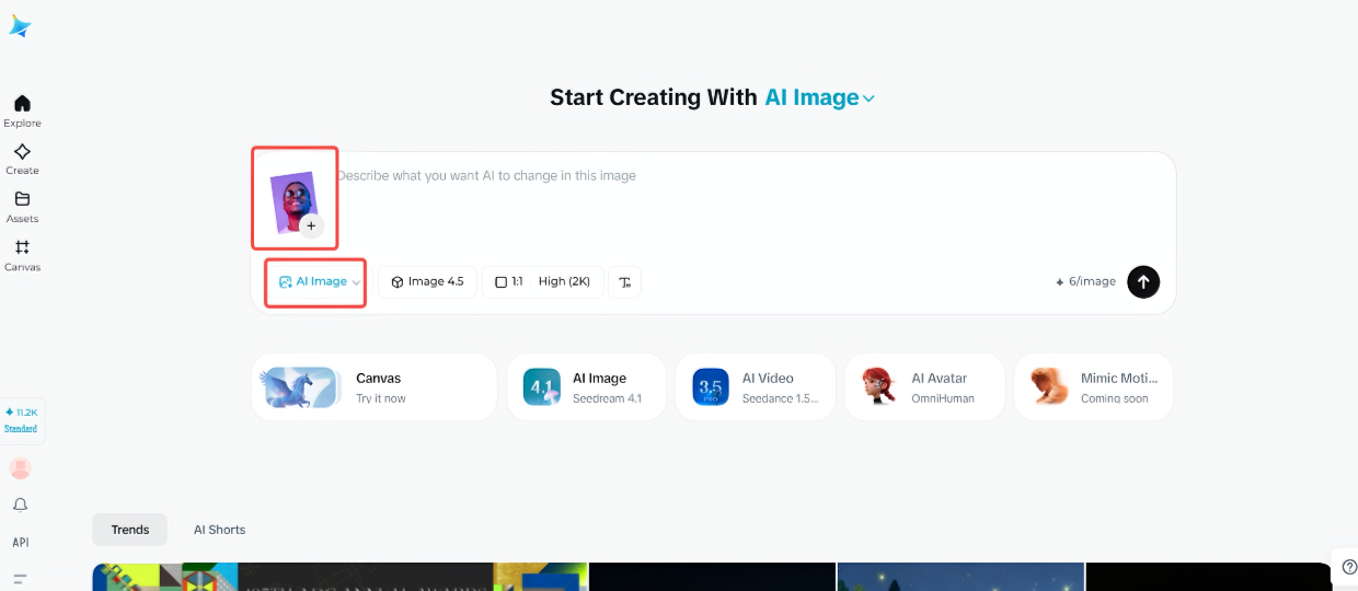 Accessing the "AI Image" feature in Dreamina