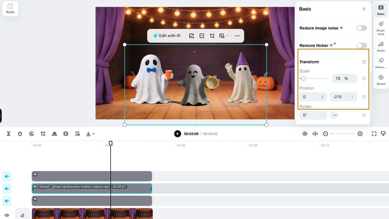 The native editor shows three aligned character tracks above one stage track and the selected middle character's Scale 70 percent and Position Y minus 210.