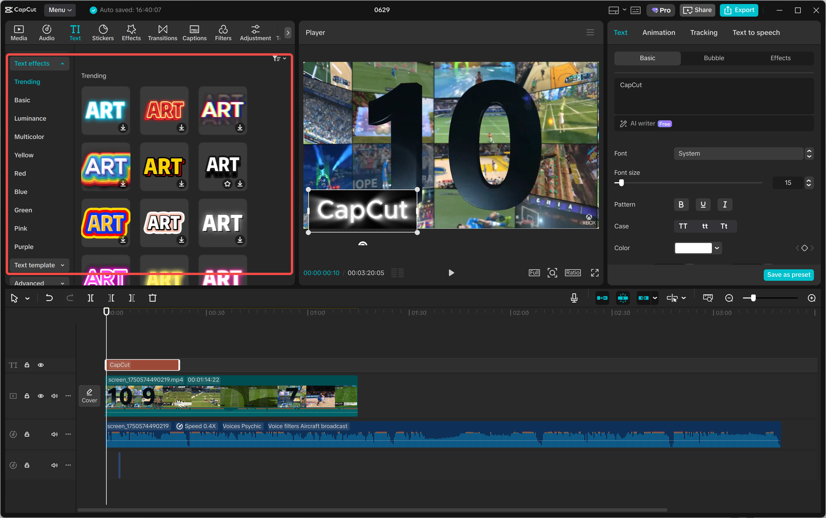 Interface ng pag-edit ng video ng CapCut na may text overlay
