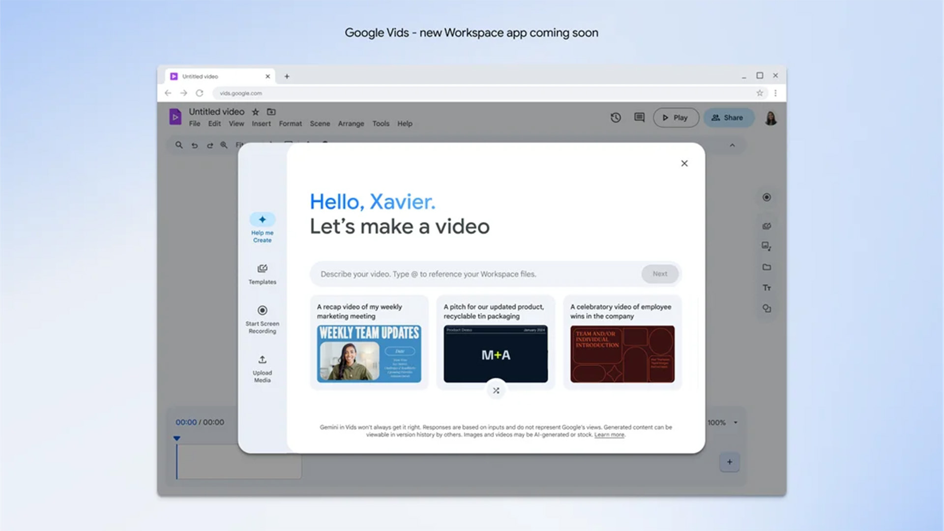 Interface of Google Vids - the perfect way to make AI videos with Google