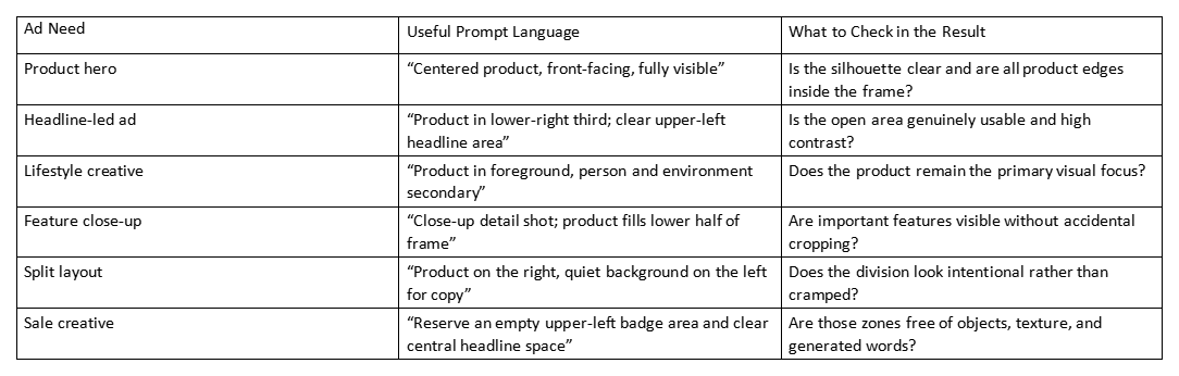 Table of ad needs, useful prompt language, and what to check in the result