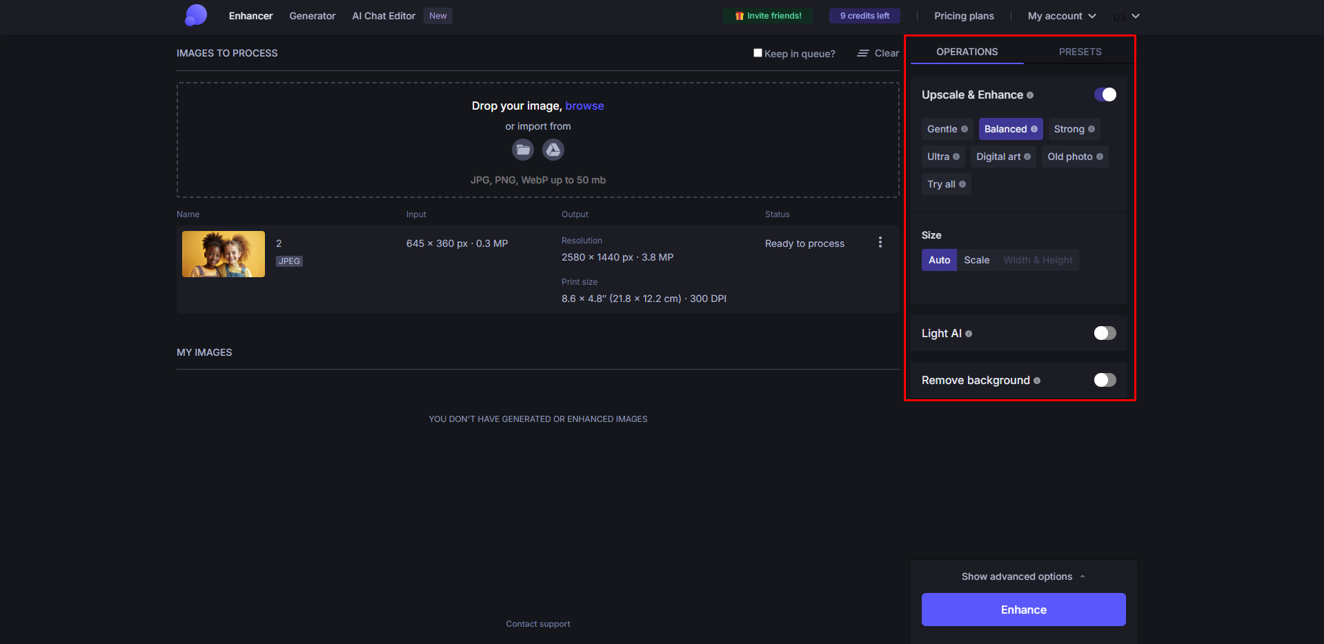 Applying enhancements to an image with Let's Enhance