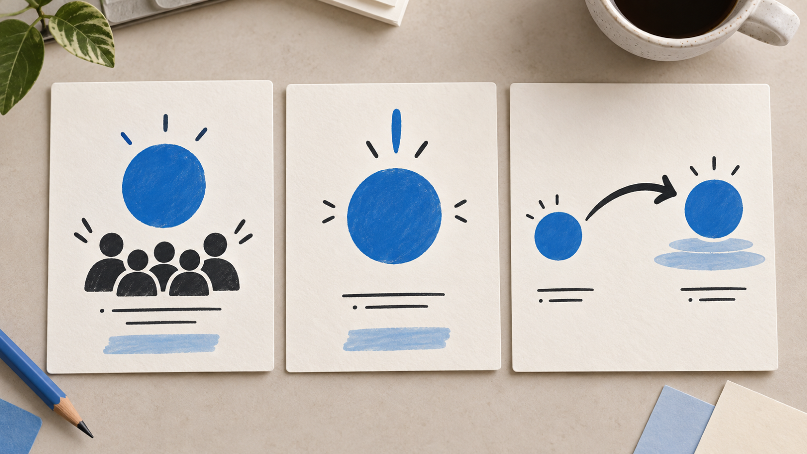 Three physical cards showing an audience promise an opening signal and one transition followed by a final hold