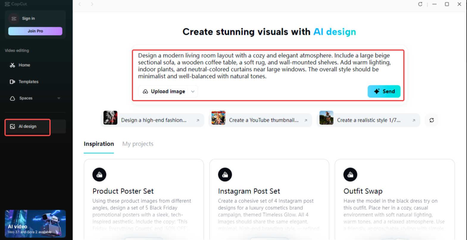 Accessing the AI design feature in CapCut